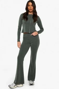 2 Tone Rib Zip Up Top & Flared Trouser | Nasty Gal