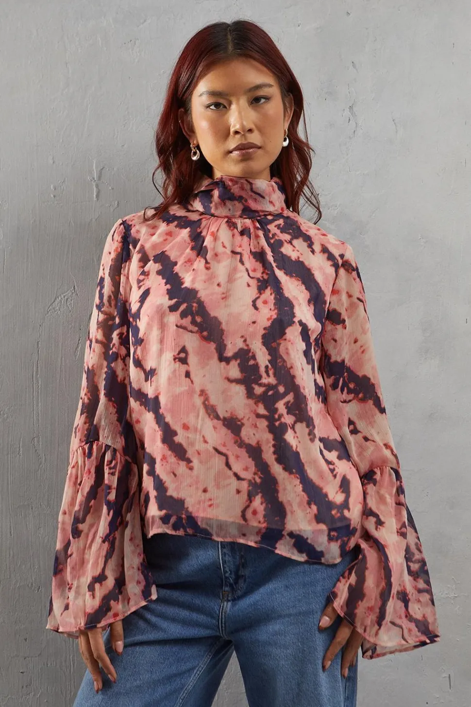 Abstract Chiffon High Neck Flutter Sleeve Blouse | Nasty Gal