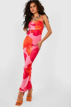 Abstract Floral Print Mesh Maxi Slip Dress | Nasty Gal