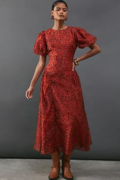 Animal Organza Puff Sleeve Godet Side Midi Dress | Nasty Gal