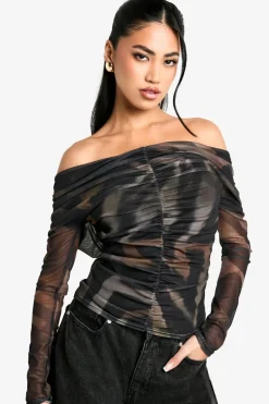 Animal Ruched Front Bardot Long Sleeve Top | Nasty Gal