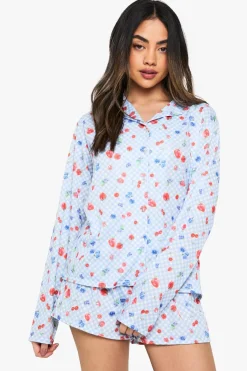 Berry Print Long Sleeve Shirt & Shorts Pyjama Set | Nasty Gal