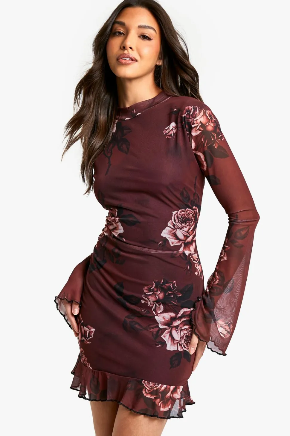 Blurred Floral High Neck Godet Mini Dress | Nasty Gal