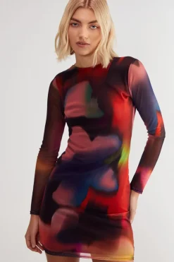 Blurred Printed Mesh Long Sleeve Backless Tunic Mini Dress | Nasty Gal