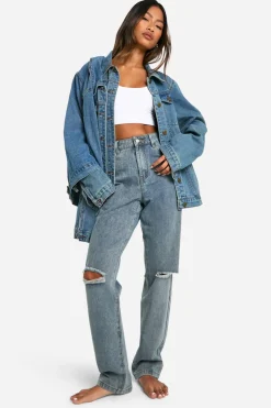 Boohoo Basics High Waisted Ripped Knee Straight Leg Jeans in Washed Blue | Nasty Gal