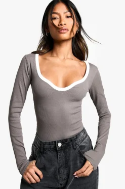 Boohoo Basics Mono Binding Long Sleeve Bodysuit | Nasty Gal