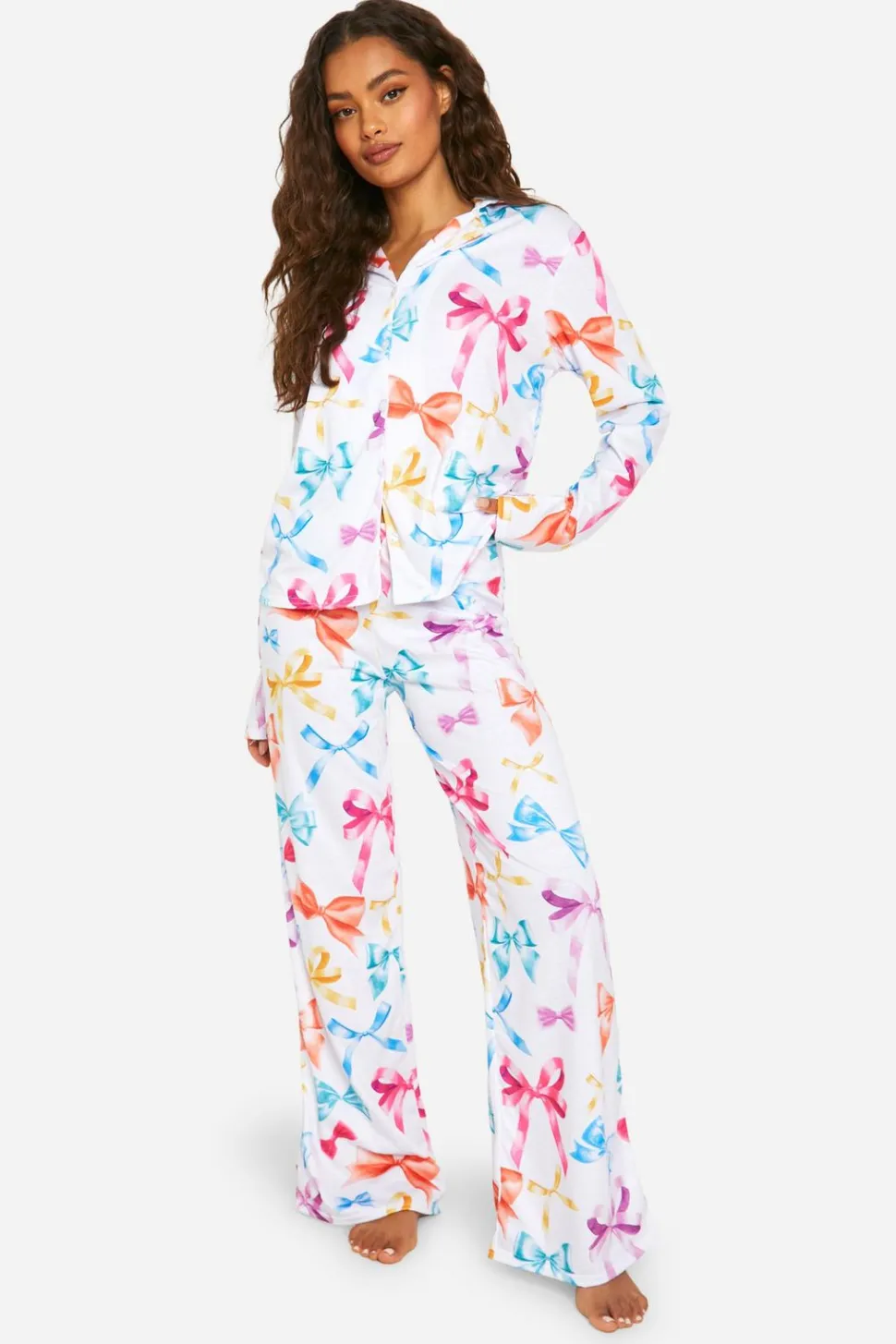 Bow Print Long Sleeve Shirt & Trousers Pyjama Set | Nasty Gal