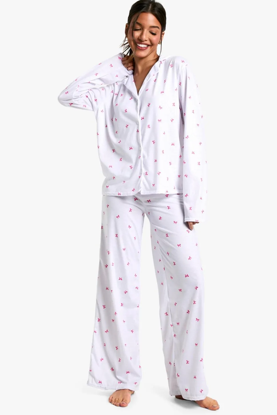 Bow Print Long Sleeve Shirt & Trousers Pyjama Set | Nasty Gal