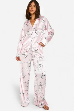 Bow Print Satin Long Sleeve Shirt & Trousers Pyjama Set | Nasty Gal