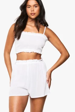 Bridal Textured Cheesecloth Ruffle Detail Cami Top & Shorts Pyjama Set | Nasty Gal