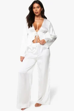 Bridal Tie Front Long Sleeve Top & Trousers Pyjama Set | Nasty Gal