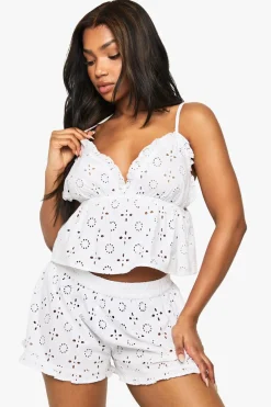 Broderie Anglaise Ruffle Detail Cami Top & Shorts Pyjama Set | Nasty Gal