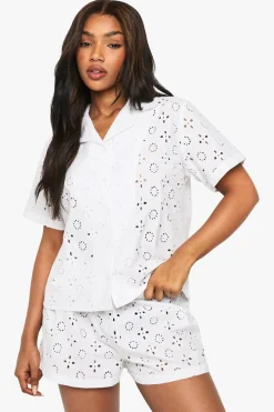 Broderie Anglaise Short Sleeve Shirt & Shorts Pyjama Set | Nasty Gal