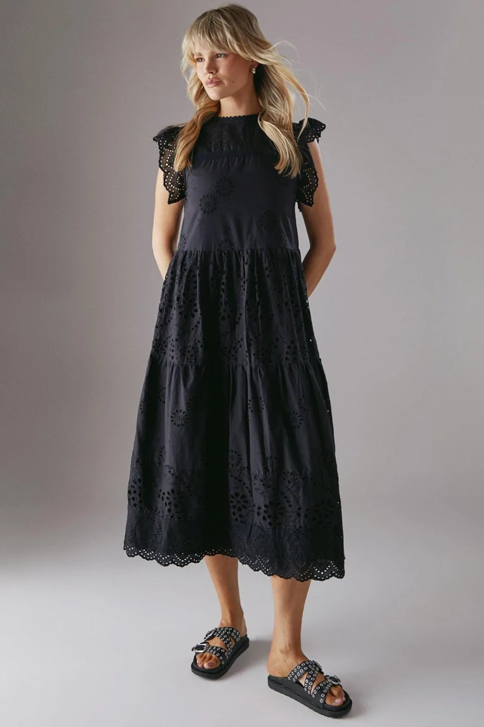 Broderie Mix Tiered Midi Dress | Nasty Gal