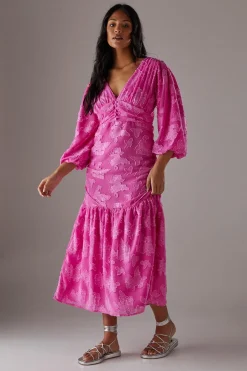 Burnout Chiffon Plunge Neck Ruched Bodice Peplum Midi Dress | Nasty Gal