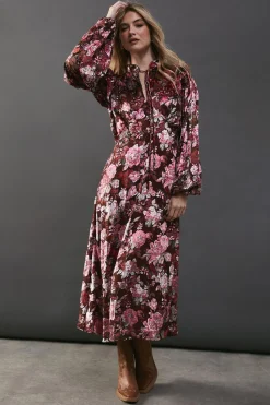 Burnout Floral Velvet Frill Shoulder Tie Front Midi Dress | Nasty Gal