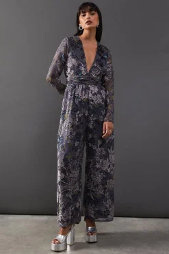 Burnout Velvet Plunge Neck Waisted Jumpsuit | Nasty Gal