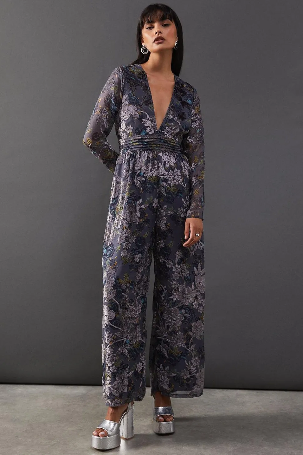 Burnout Velvet Plunge Neck Waisted Jumpsuit | Nasty Gal