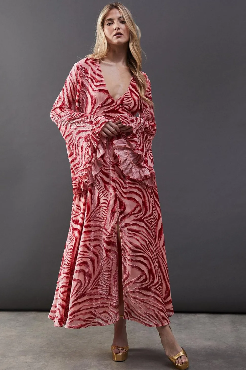 Burnout Velvet Plunge Neck Flared Sleeve Belted Maxi Dress | Nasty Gal