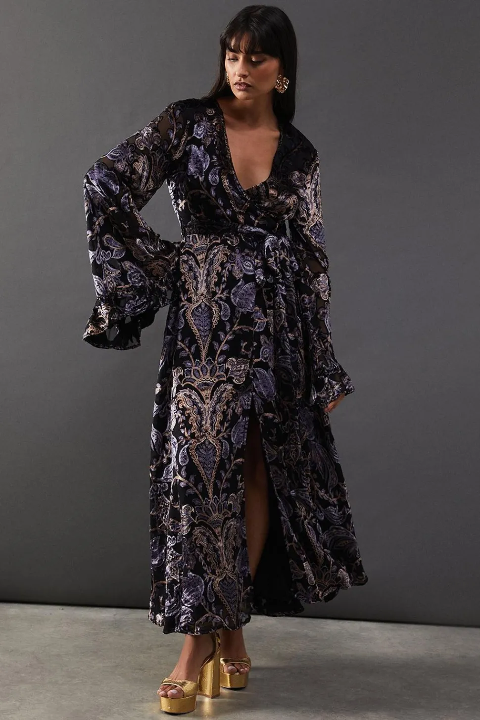 Burnout Velvet Plunge Neck Flared Sleeve Belted Maxi Dress | Nasty Gal