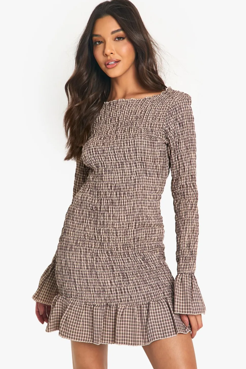 Check Shirred Long Sleeve Mini Dress | Nasty Gal