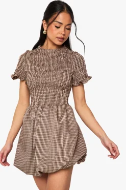 Check Shirred Puff Sleeve Mini Dress | Nasty Gal