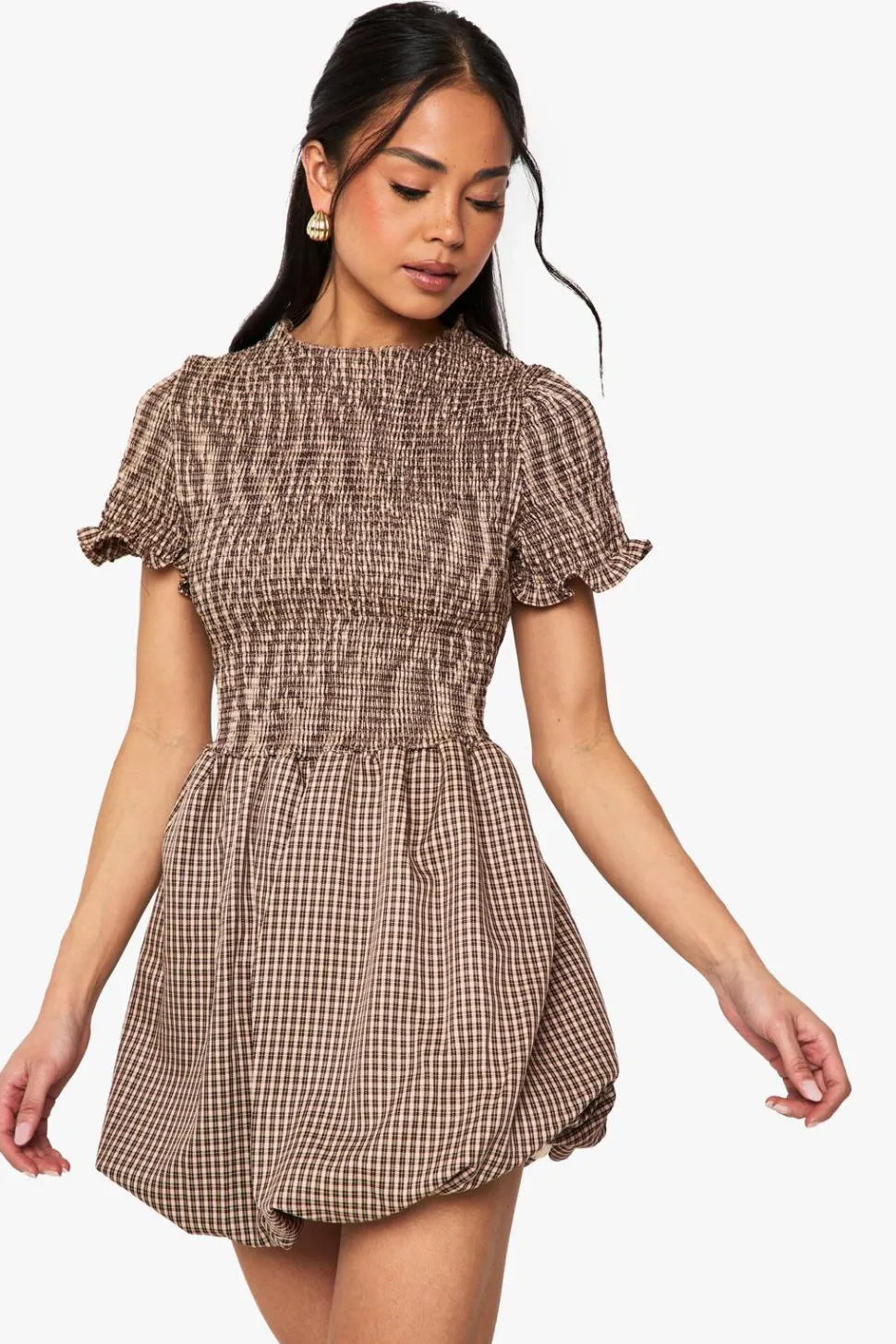Check Shirred Puff Sleeve Mini Dress | Nasty Gal