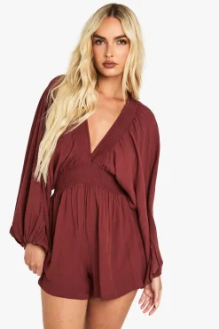 Cheescloth Plunge Long Sleeve Playsuit | Nasty Gal