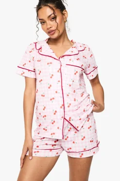 Cherry Print Gingham Piping Detail Short Sleeve Shirt & Shorts Pyjama Set | Nasty Gal