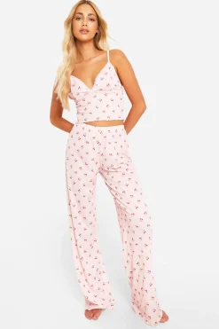 Cherry Print Lace Trim Cami Top & Trousers Pyjama Set | Nasty Gal