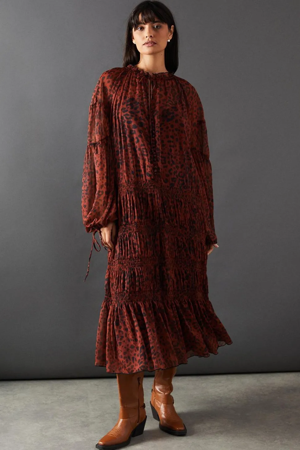 Chiffon Button Tier Smock Midi Dress | Nasty Gal