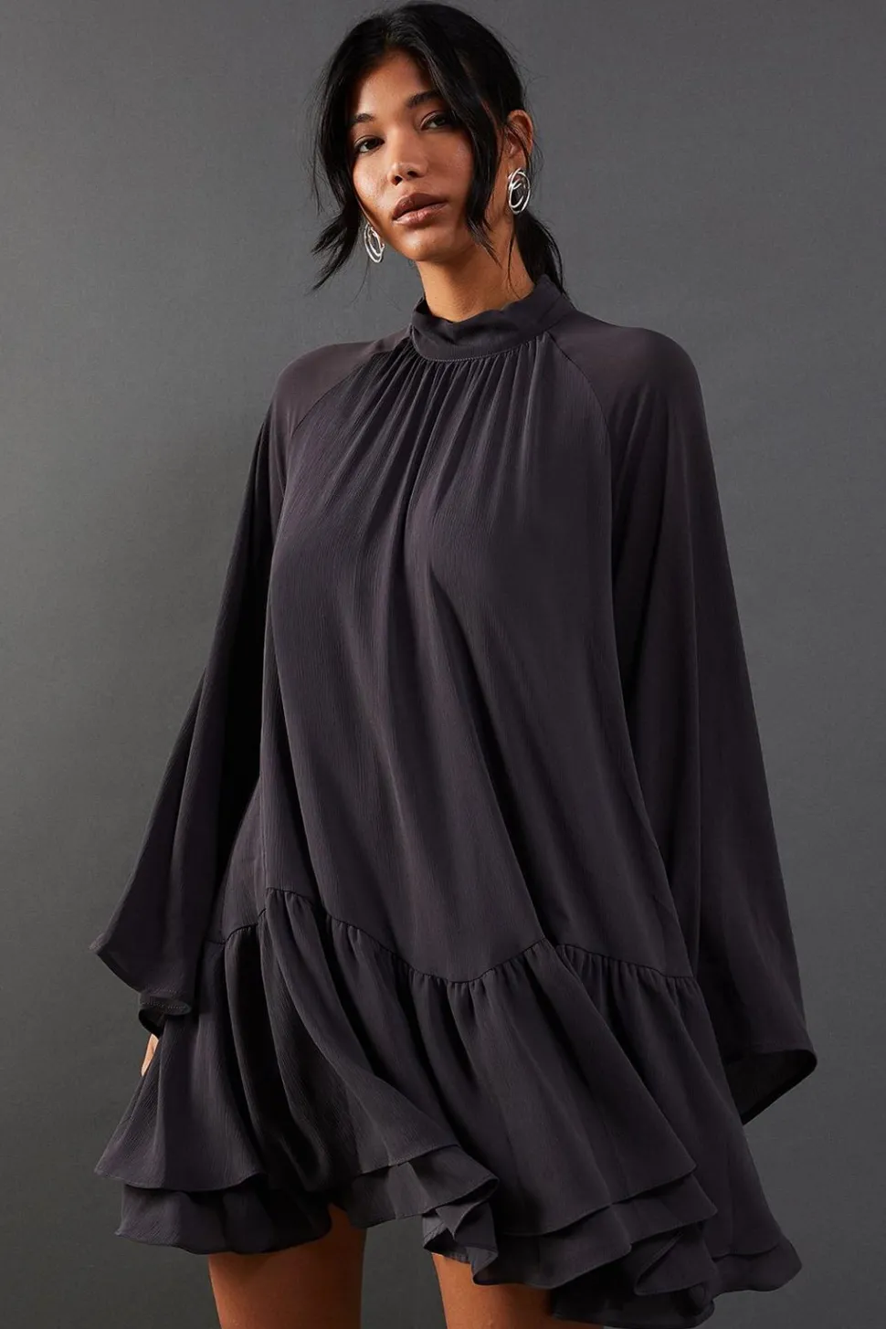 Chiffon Drop Hem High Neck Flare Sleeve Mini Swing Dress | Nasty Gal