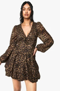 Chiffon Leopard Print Puff Sleeve Milkmaid Skater Dress | Nasty Gal