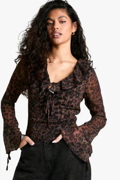 Chiffon Leopard Ruffle Tie Front Blouse | Nasty Gal