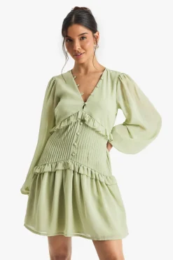 Chiffon Long Sleeve Pleated Waist Mini Dress | Nasty Gal