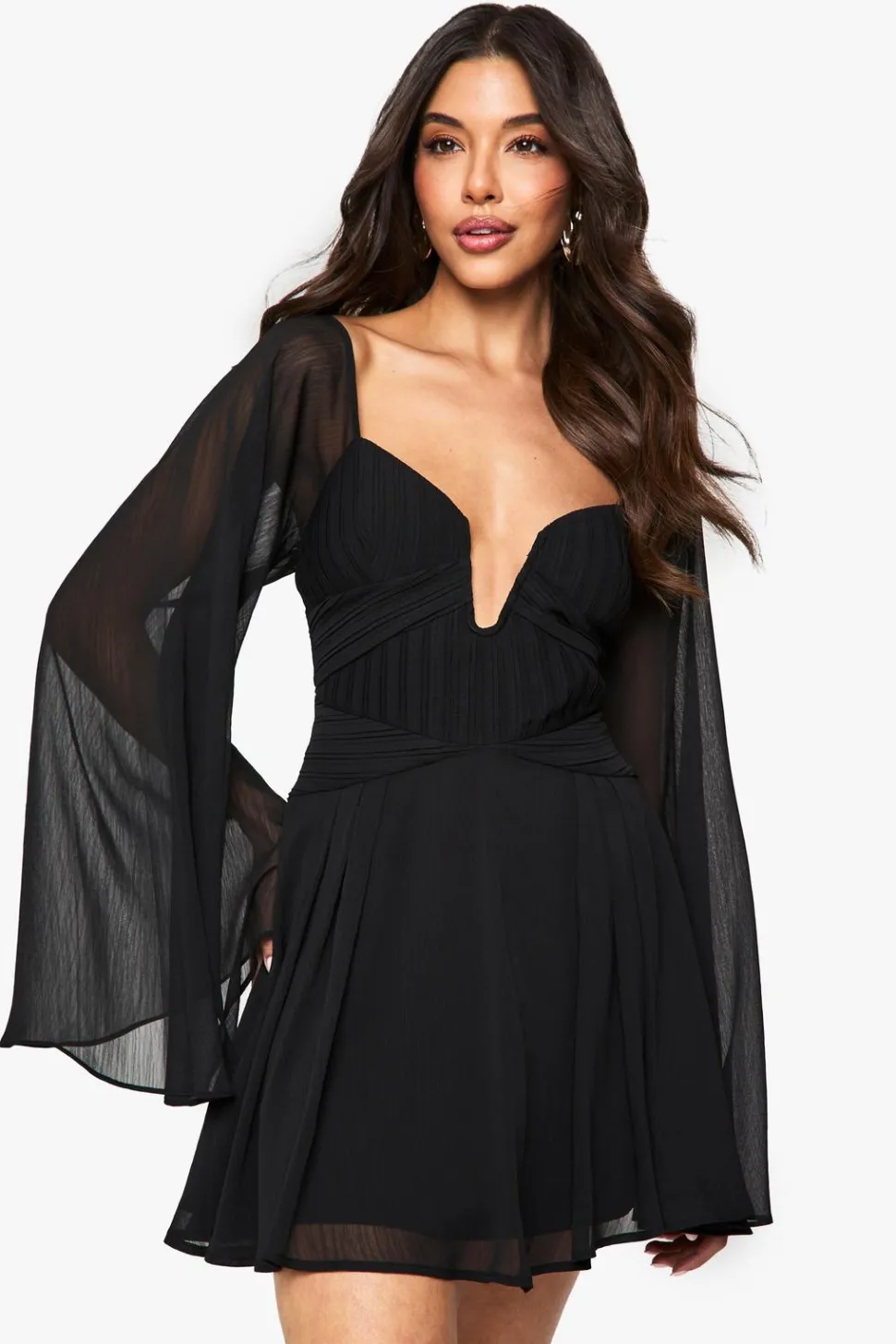 Chiffon Pleated Long Sleeve Mini Dress | Nasty Gal