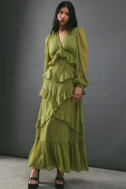 Chiffon Plunge Neck Ruffle Detail Volume Sleeve Maxi Dress | Nasty Gal