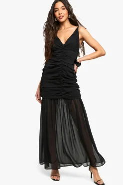 Chiffon Ruched Plunge Maxi Dress | Nasty Gal