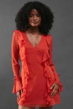 Chiffon Ruffle Detail Tie Sleeve Mini Dress | Nasty Gal