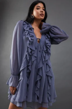 Chiffon Ruffle Front Tie Neck Mini Dress | Nasty Gal