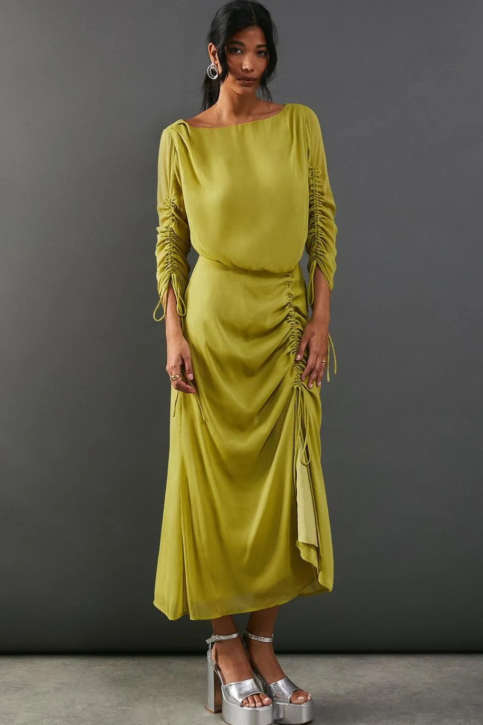 Chiffon Slash Neck Drawstring Detail Midi Dress | Nasty Gal