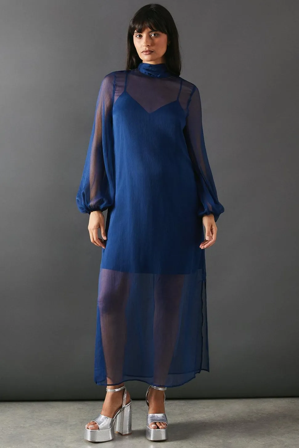 Chiffon Tie Neck Balloon Sleeve Column Midi Dress | Nasty Gal