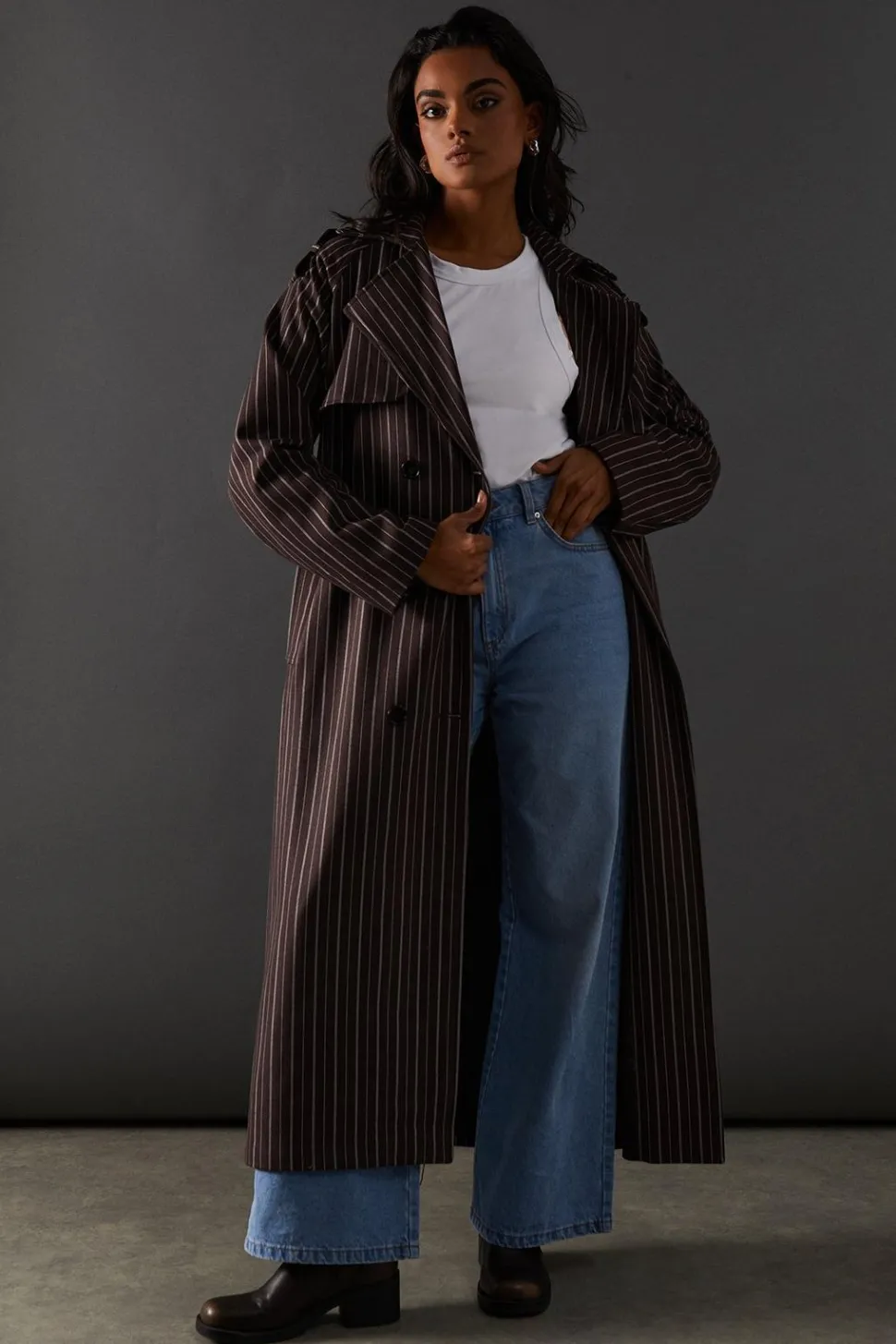 Chocolate Pinstripe Belted Trench Coat | Nasty Gal