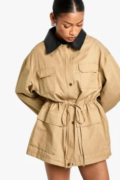 Cinched Waist Faux Leather Collar Barn Jacket | Nasty Gal