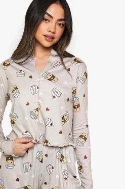 Coffee Print Bow Detail Long Sleeve Top & Trousers Pyjama Set | Nasty Gal