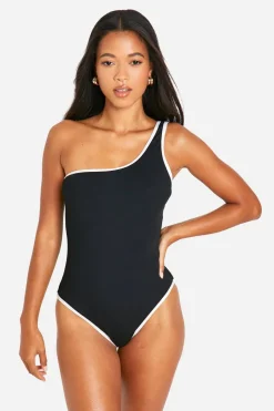 Contrast Binding Ribbed One Shoulder Swimsuit | Nasty Gal