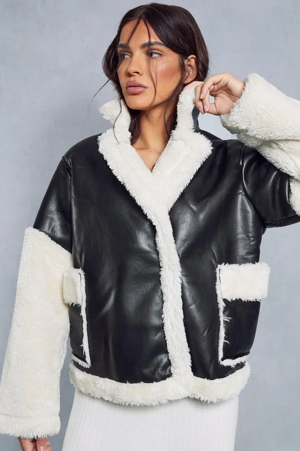 Contrast Borg Detail Aviator Jacket | Nasty Gal