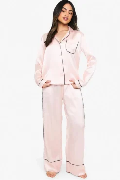 Contrast Piping Satin Long Sleeve Shirt & Trousers Pyjama Set | Nasty Gal
