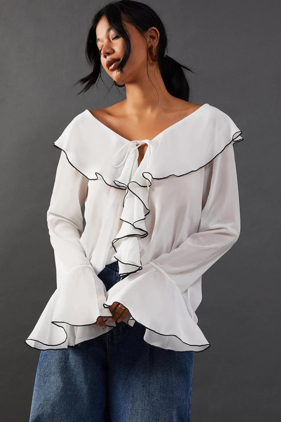 Contrast Stitch Ruffle Flared Sleeve Blouse | Nasty Gal