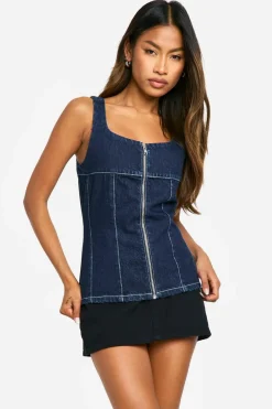 Contrast Stitch Seam Detail Raw Indigo Denim Corset Top | Nasty Gal
